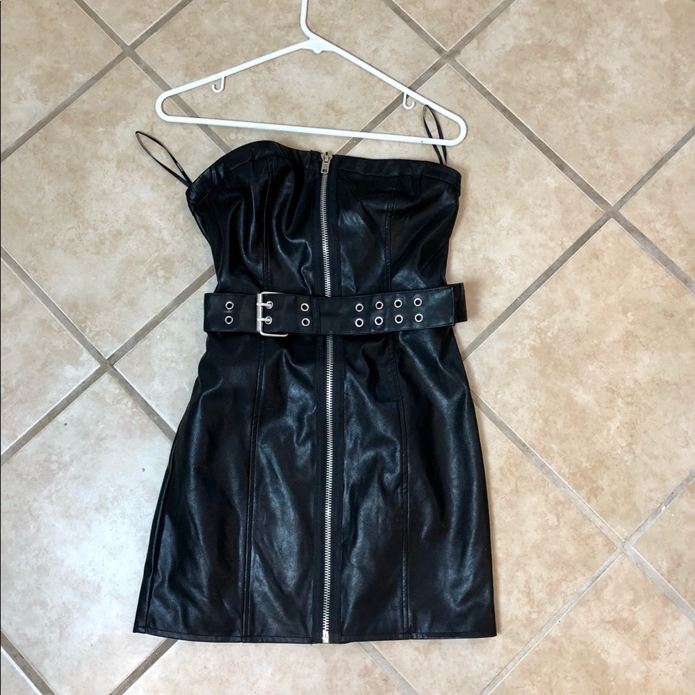 Faux Leather Belted Mini Dress